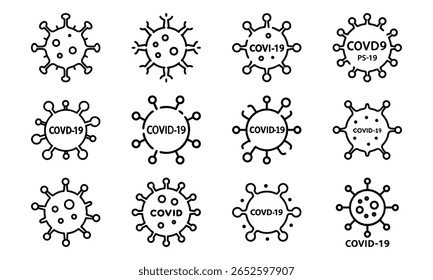 Várias ilustrações em preto e branco do conjunto de ícones da doença do coronavírus covid-19