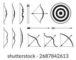 Various black and white illustrations depict different types of bows, arrows, and a concentric circle target, representing archery sports and equipment