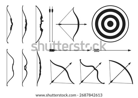 Various black and white illustrations depict different types of bows, arrows, and a concentric circle target, representing archery sports and equipment
