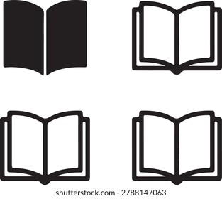 Various black and white line art and solid icons depicting open books, symbolizing reading, learning, education, knowledge, and literary content.