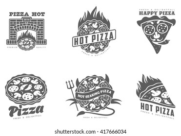 Various black & white logos pizza. collection of symbols with a hot and spicy pizza, vector