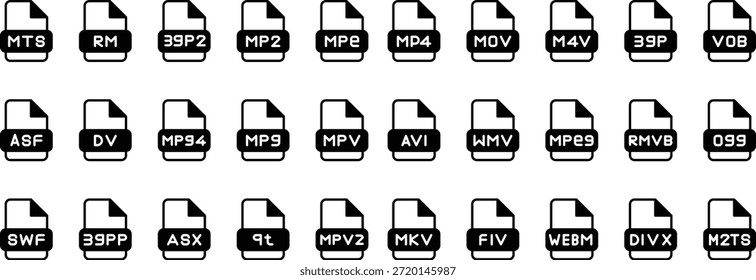 Varios iconos vectoriales minimalistas en blanco y negro que ilustran un Grande conjunto de extensiones de formato de archivo digital dispares que incluyen tipos de medios populares y oscuros para fines de referencia de diseño o ilustración técnica.