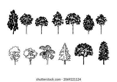 
Various black and white silhouettes of trees.