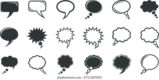 Diversas burbujas de discurso de Vector en blanco y negro y globos de pensamiento, ideales para ilustrar conceptos de comunicación, diálogo, ideas y conversación.