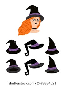 Various black witch hats for the character to try on authors work