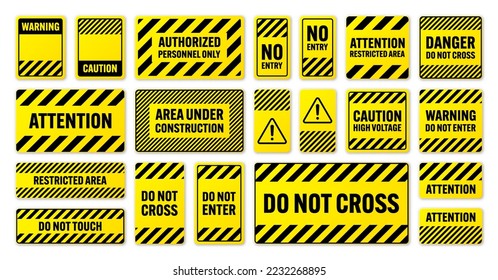 Various black and yellow warning signs with diagonal lines. Attention, danger or caution sign, construction site signage. Realistic notice signboard, warning banner, road shield. Vector illustration