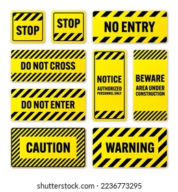 Various black and yellow warning signs with diagonal lines. Attention, danger or caution sign, construction site signage. Realistic notice signboard, warning banner, road shield. Vector illustration