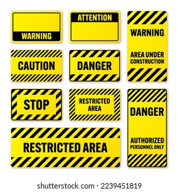 Various black and yellow warning signs with diagonal lines. Attention, danger or caution sign, construction site signage. Realistic notice signboard, warning banner, road shield. Vector illustration