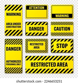 Various black and yellow warning signs with diagonal lines. Attention, danger or caution sign, construction site signage. Realistic notice signboard, warning banner, road shield. Vector illustration