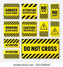 Various black and yellow warning signs with diagonal lines. Attention, danger or caution sign, construction site signage. Realistic notice signboard, warning banner, road shield. Vector illustration