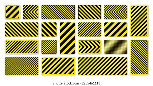 Various black and yellow warning signs with diagonal lines. Attention, danger or caution sign, construction site signage. Realistic notice signboard, warning banner, road shield. Vector illustration