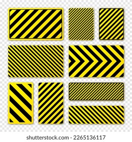 Various black and yellow warning signs with diagonal lines. Attention, danger or caution sign, construction site signage. Realistic notice signboard, warning banner, road shield. Vector illustration