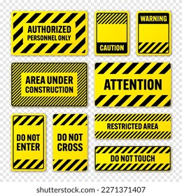 Various black and yellow warning signs with diagonal lines. Attention, danger or caution sign, construction site signage. Realistic notice signboard, warning banner, road shield. Vector illustration