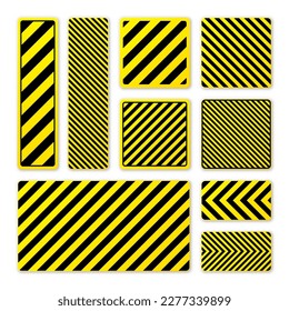 Various black and yellow warning signs with diagonal lines. Attention, danger or caution sign, construction site signage. Realistic notice signboard, warning banner, road shield. Vector illustration