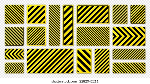 Various black and yellow warning signs with diagonal lines. Attention, danger or caution sign, construction site signage. Realistic notice signboard, warning banner, road shield. Vector illustration