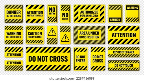 Various black and yellow warning signs with diagonal lines. Attention, danger or caution sign, construction site signage. Realistic notice signboard, warning banner, road shield. Vector illustration