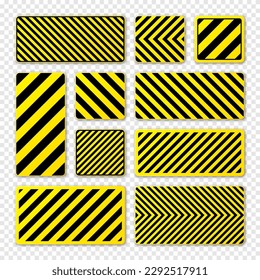 Various black and yellow warning signs with diagonal lines. Attention, danger or caution sign, construction site signage. Realistic notice signboard, warning banner, road shield. Vector illustration