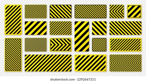 Various black and yellow warning signs with diagonal lines. Attention, danger or caution sign, construction site signage. Realistic notice signboard, warning banner, road shield. Vector illustration