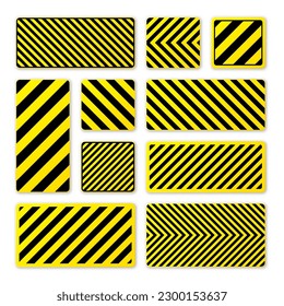 Various black and yellow warning signs with diagonal lines. Attention, danger or caution sign, construction site signage. Realistic notice signboard, warning banner, road shield. Vector illustration.