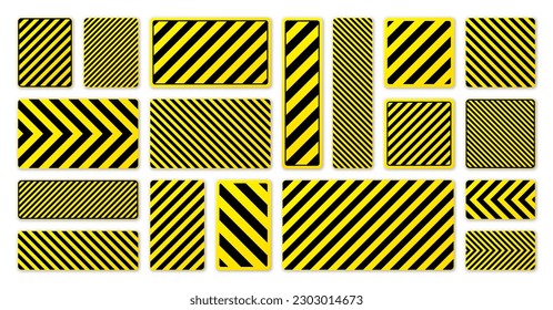 Various black and yellow warning signs with diagonal lines. Attention, danger or caution sign, construction site signage. Realistic notice signboard, warning banner, road shield. Vector illustration