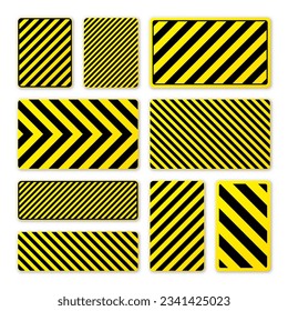 Various black and yellow warning signs with diagonal lines. Attention, danger or caution sign, construction site signage. Realistic notice signboard, warning banner, road shield. Vector illustration