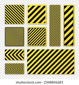 Various black and yellow warning signs with diagonal lines. Attention, danger or caution sign, construction site signage. Realistic notice signboard, warning banner, road shield. Vector illustration