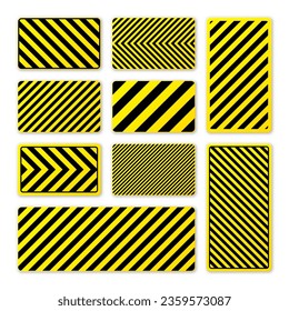 Various black and yellow warning signs with diagonal lines. Attention, danger or caution sign, construction site signage. Realistic notice signboard, warning banner, road shield. Vector illustration