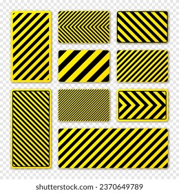 Various black and yellow warning signs with diagonal lines. Attention, danger or caution sign, construction site signage. Realistic notice signboard, warning banner, road shield. Vector illustration