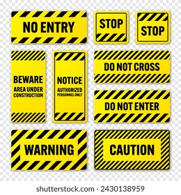 Various black and yellow warning signs with diagonal lines. Attention, danger or caution sign, construction site signage. Realistic notice signboard, warning banner, road shield. Vector illustration