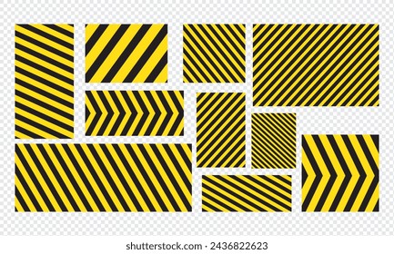 Various black and yellow warning signs with diagonal lines. Attention, warning banner, road shield. danger or caution sign, construction site signage. Realistic notice signboard,