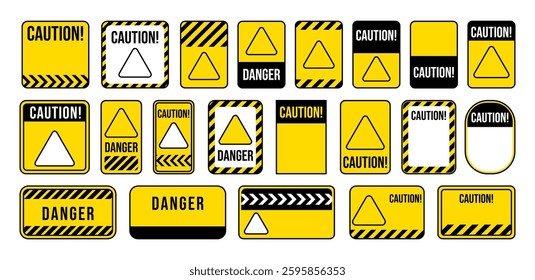 Various black and yellow warning signs with diagonal lines. Attention, danger or caution sign