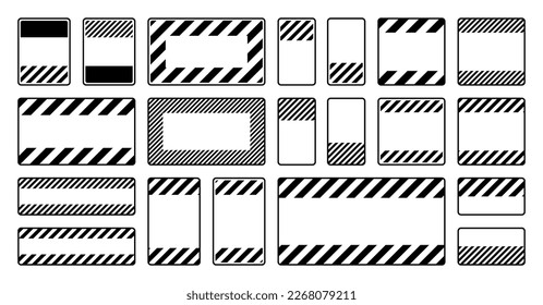 Various blank black warning signs with diagonal lines. Attention, danger or caution sign, construction site signage. Realistic notice signboard, warning banner, road shield. Vector illustration