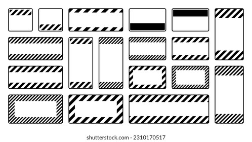Various blank black warning signs with diagonal lines. Attention, danger or caution sign, construction site signage. Realistic notice signboard, warning banner, road shield. Vector illustration