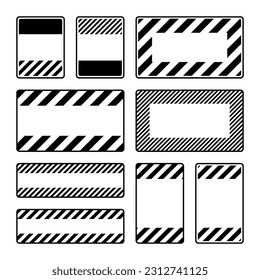 Various blank black warning signs with diagonal lines. Attention, danger or caution sign, construction site signage. Realistic notice signboard, warning banner, road shield. Vector illustration