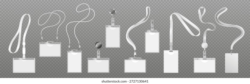 Varios titulares de tarjetas de identificación en blanco y cordones se muestran en una variedad de estilos y Orientaciones sobre un fondo transparente, ideal para eventos y conferencias.