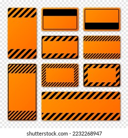 Various blank orange warning signs with diagonal lines. Attention, danger or caution sign, construction site signage. Realistic notice signboard, warning banner, road shield. Vector illustration