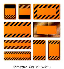 Various blank orange warning signs with diagonal lines. Attention, danger or caution sign, construction site signage. Realistic notice signboard, warning banner, road shield. Vector illustration