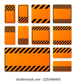 Various blank orange warning signs with diagonal lines. Attention, danger or caution sign, construction site signage. Realistic notice signboard, warning banner, road shield. Vector illustration