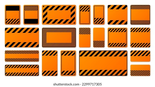 Verschiedene leere orangefarbene Warnzeichen mit diagonalen Linien. Achtung, Risiko- oder Vorsichtszeichen, Baustellensignatur. Realistische Hinweisschilder, Warnbanner, Straßenschild. Vektorgrafik