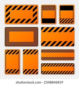 Varios signos de advertencia naranja en blanco con líneas diagonales. Señal de atención, peligro o precaución, señalización de la construcción. Cartel de aviso realista, pancarta de advertencia, blindaje de carreteras. Ilustración del vector