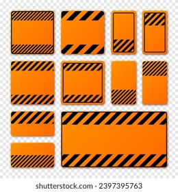 Various blank orange warning signs with diagonal lines. Attention, danger or caution sign, construction site signage. Realistic notice signboard, warning banner, road shield. Vector illustration