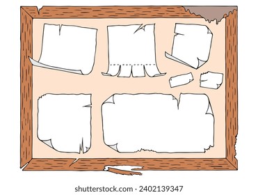 Various blank paper announcements attached to a black board in a wooden frame. Hand Drawn. Freehand drawing. Doodle. Sketch. Outline.	