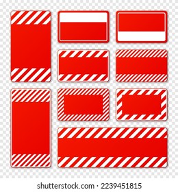 Various blank red warning signs with diagonal lines. Attention, danger or caution sign, construction site signage. Realistic notice signboard, warning banner, road shield. Vector illustration