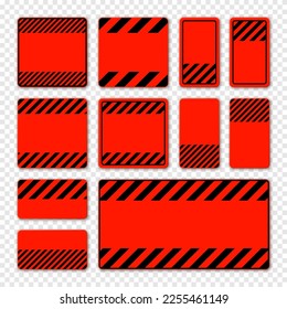 Various blank red warning signs with diagonal lines. Attention, danger or caution sign, construction site signage. Realistic notice signboard, warning banner, road shield. Vector illustration