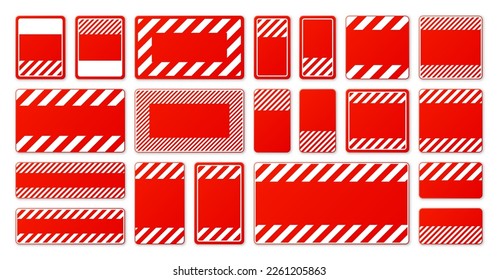 Various blank red warning signs with diagonal lines. Attention, danger or caution sign, construction site signage. Realistic notice signboard, warning banner, road shield. Vector illustration