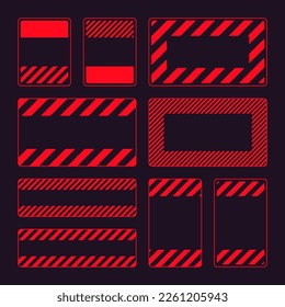 Various blank red warning signs with diagonal lines. Attention, danger or caution sign, construction site signage. Realistic notice signboard, warning banner, road shield. Vector illustration