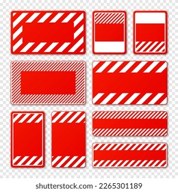 Various blank red warning signs with diagonal lines. Attention, danger or caution sign, construction site signage. Realistic notice signboard, warning banner, road shield. Vector illustration