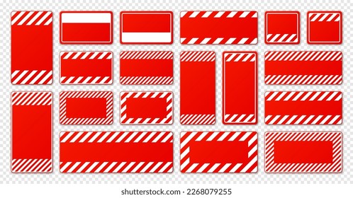 Various blank red warning signs with diagonal lines. Attention, danger or caution sign, construction site signage. Realistic notice signboard, warning banner, road shield. Vector illustration