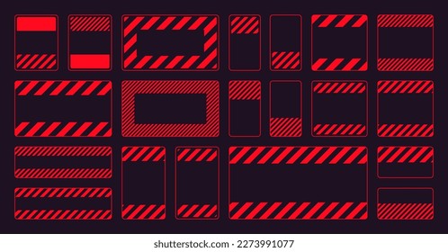 Various blank red warning signs with diagonal lines. Attention, danger or caution sign, construction site signage. Realistic notice signboard, warning banner, road shield. Vector illustration