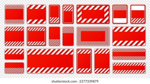 Various blank red warning signs with diagonal lines. Attention, danger or caution sign, construction site signage. Realistic notice signboard, warning banner, road shield. Vector illustration